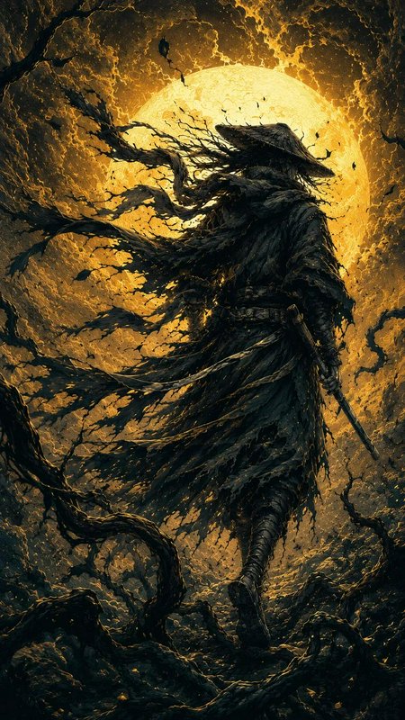 Windswept dark fantasy ronin samurai walks before a massive glowing golden full moon under stormy...