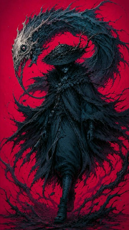 Dark straw-hatted gothic samurai with coiling skeletal spirit beast against a vivid blood red bac...