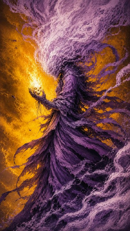 Towering wraith lich in swirling purple robes holds a glowing flaming skull against a dramatic go...