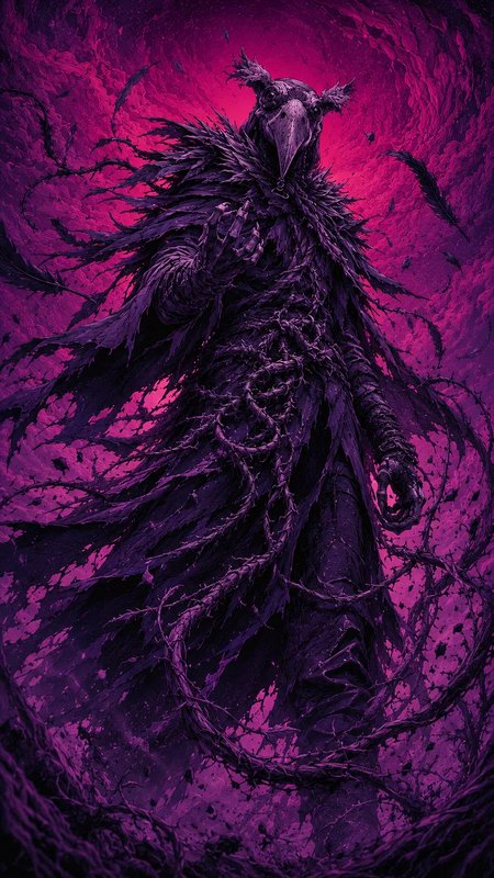 Menacing raven-masked plague doctor fantasy entity tangled in thorny vines, against a swirling vi...