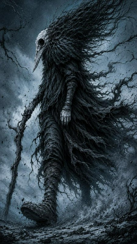 Towering gothic plague doctor entity with bird skull mask and root cloak strides across a stormy ...