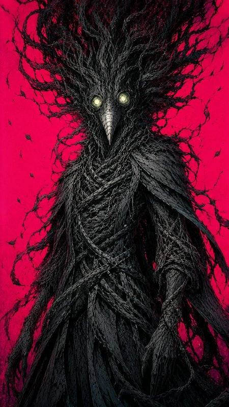 Menacing gnarled plague doctor monster with glowing eyes against bright hot pink horror background