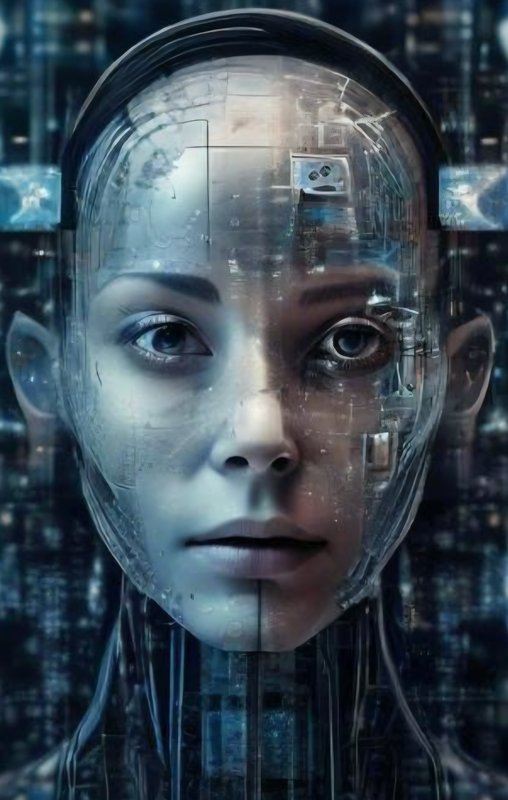 Close-up portrait of a translucent female android with embedded circuitry, set against a blurred ...