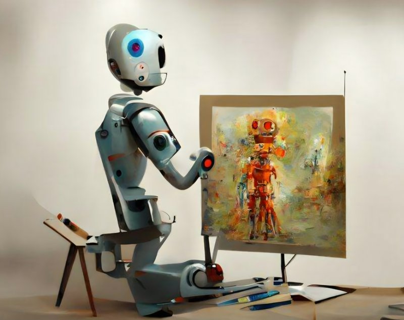 Sleek silver humanoid robot artist paints a portrait of a red robot at an easel in a bright minim...