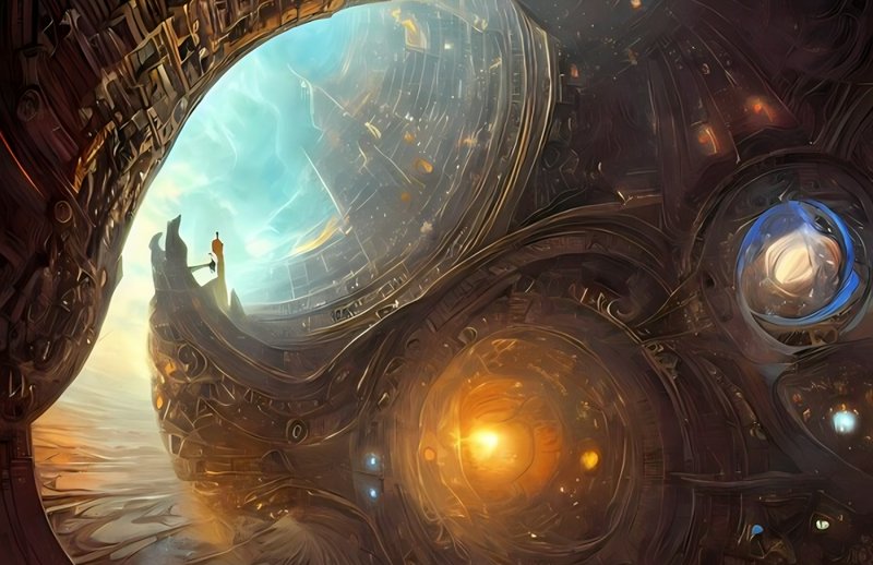 Ornate carved steampunk portal framing a view of a sprawling curved futuristic fantasy city with ...