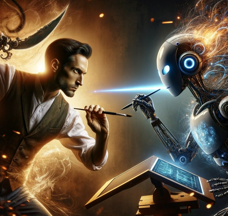 Human artist and glowing futuristic AI robot face off holding paintbrushes over a shared dual dig...