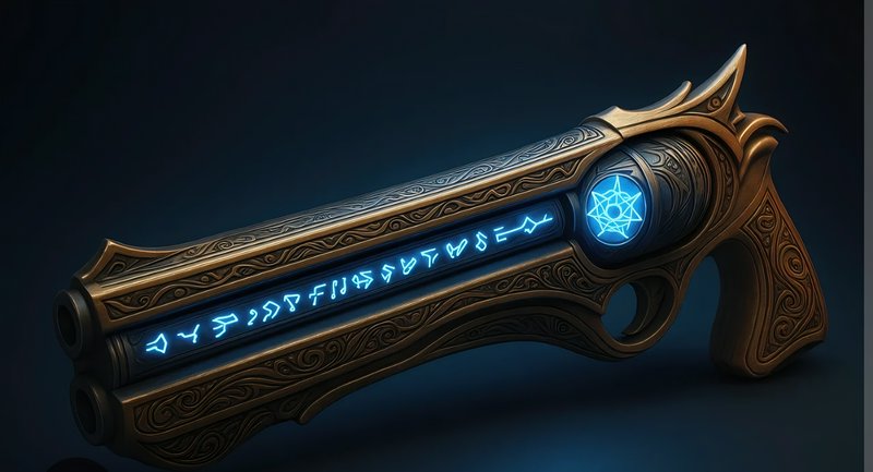 Ornate engraved fantasy steampunk pistol with glowing blue runes and magic sigil, displayed again...