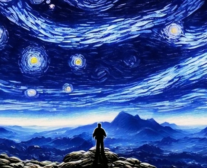 Silhouette of a person on a rocky mountain peak gazing up at a swirling Van Gogh-style starry nig...