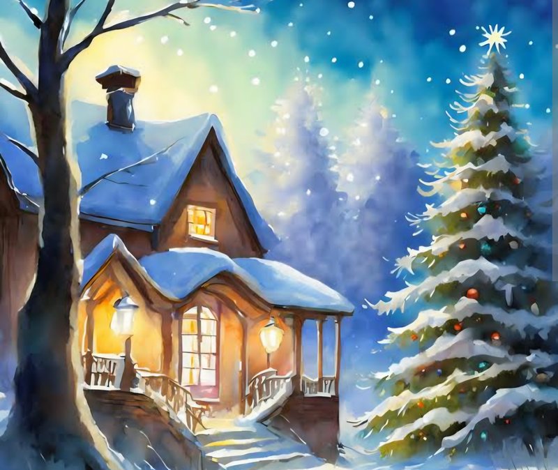 Watercolor illustration of a cozy snow-covered wooden cabin beside a decorated Christmas tree on ...