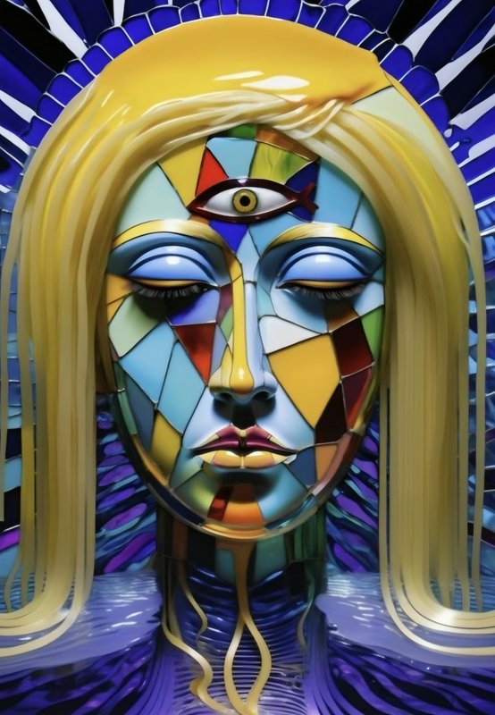 Stained glass style portrait of a mystical third-eye goddess with closed eyes, long blonde hair, ...
