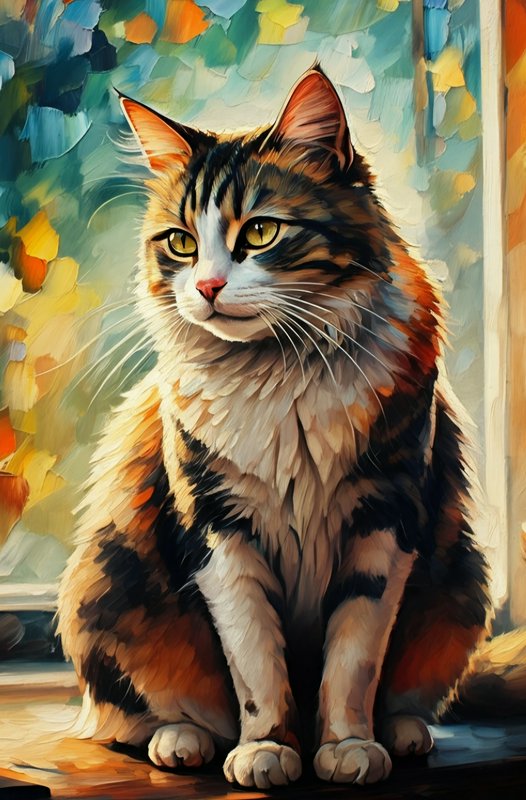 Impressionist impasto oil painting of a fluffy longhair calico tabby cat sitting on a sunlit wind...