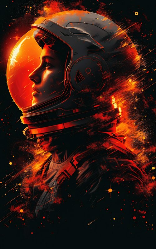Side profile portrait of an astronaut in a space helmet, surrounded by glowing fiery orange cosmi...