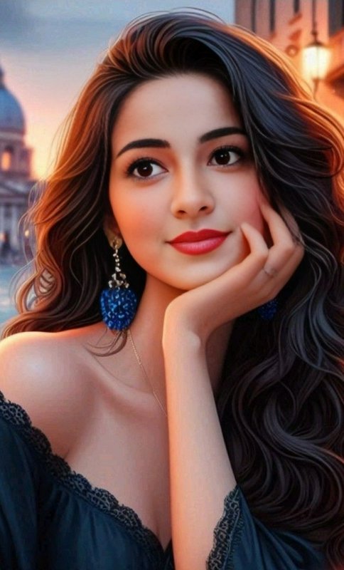 Closeup portrait of elegant woman with long wavy dark hair, blue drop earrings, against warm Euro...