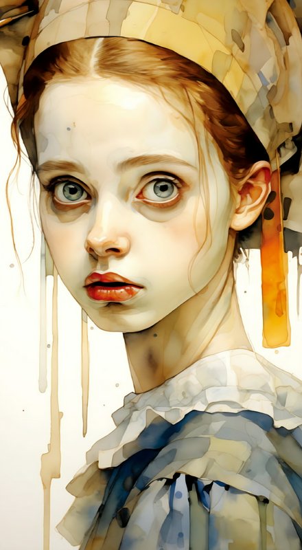 Watercolor portrait of wide-eyed young woman in a vintage headdress and ruffled collar, with soft...