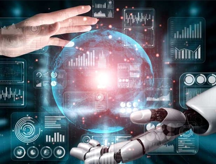 Human hand and robotic AI hand reaching toward a glowing holographic globe surrounded by floating...
