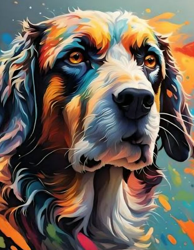 Vibrant impressionist portrait of a long-eared spaniel dog, rendered in saturated multicolor pain...