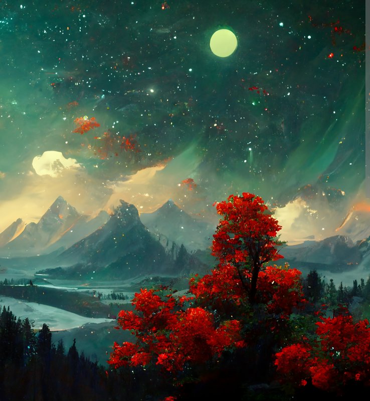 Surreal fantasy landscape with vibrant red foreground trees, jagged snow peaks, starry teal sky, ...
