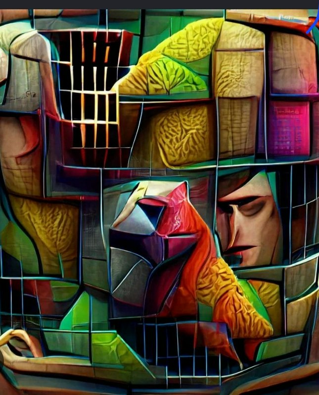 Cubist abstract stained-glass style artwork with fragmented geometric panels, a stylized human fa...
