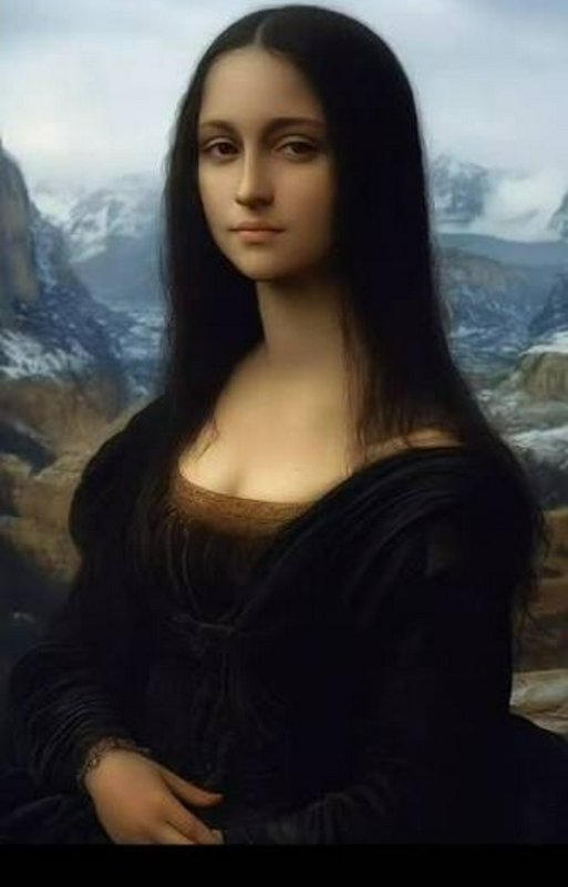 Reimagined Mona Lisa portrait with long straight dark hair, set against the iconic misty alpine l...