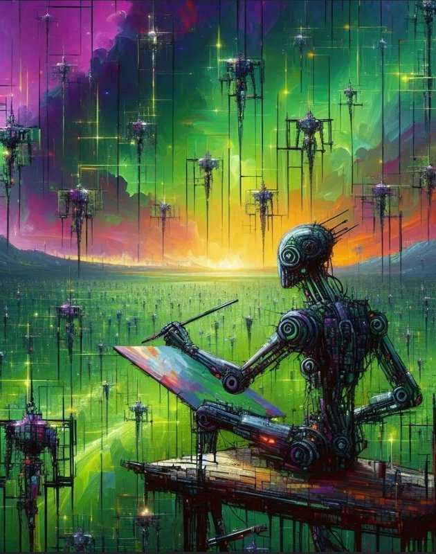 Surreal wireframe robot artist painting on a floating platform above futuristic spires under a vi...