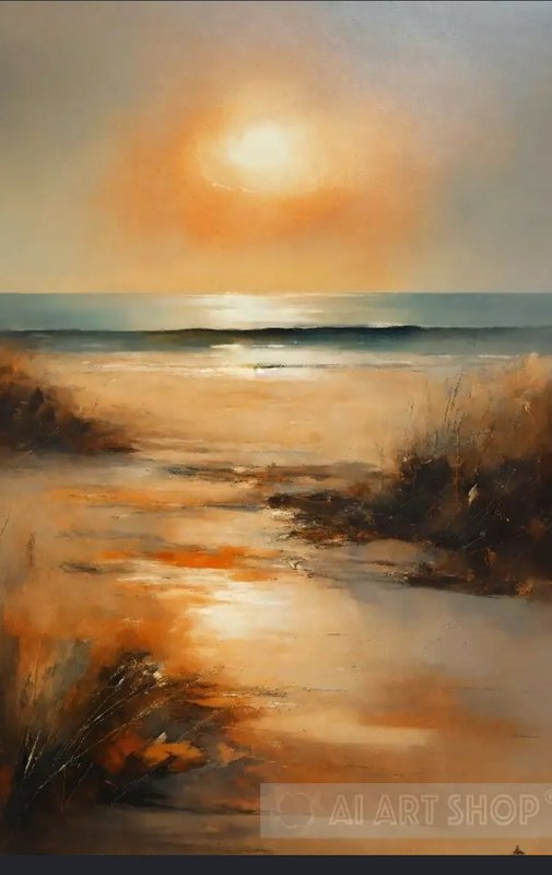 Impressionist oil painting of a warm golden sunset over a quiet beach, with dune grasses framing ...
