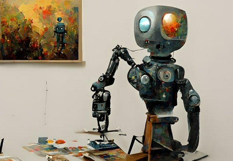 Retro futuristic robot artist painting at an easel, with a framed painting of a matching robot on...
