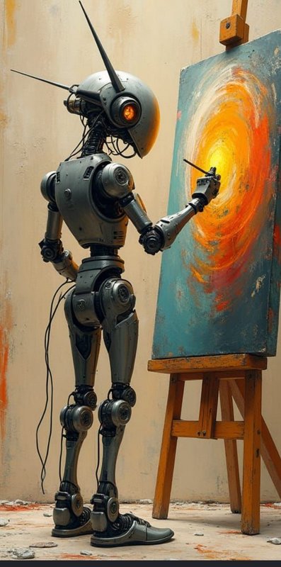Retro gunmetal steampunk robot artist painting a swirling colorful abstract canvas on a wooden st...