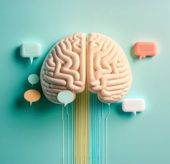 [Stylized 3D render of a split human brain with pastel speech bubbles on a smooth teal background]