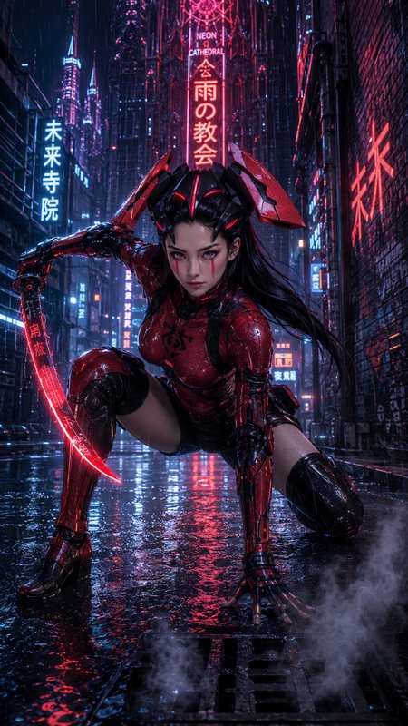 Fierce cyberpunk female warrior in red cyber armor crouches with a glowing red katana on a rainy neon-lit city street