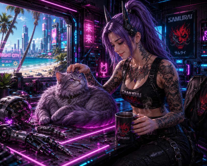 [Tattooed purple-haired cyberpunk woman pets a fluffy purple cat inside a neon-lit Night City apartment overlooking a beac...
