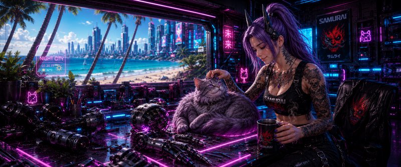 [Tattooed purple-haired cyberpunk woman pets a fluffy gray cat in a neon-lit room overlooking beachside Night City]