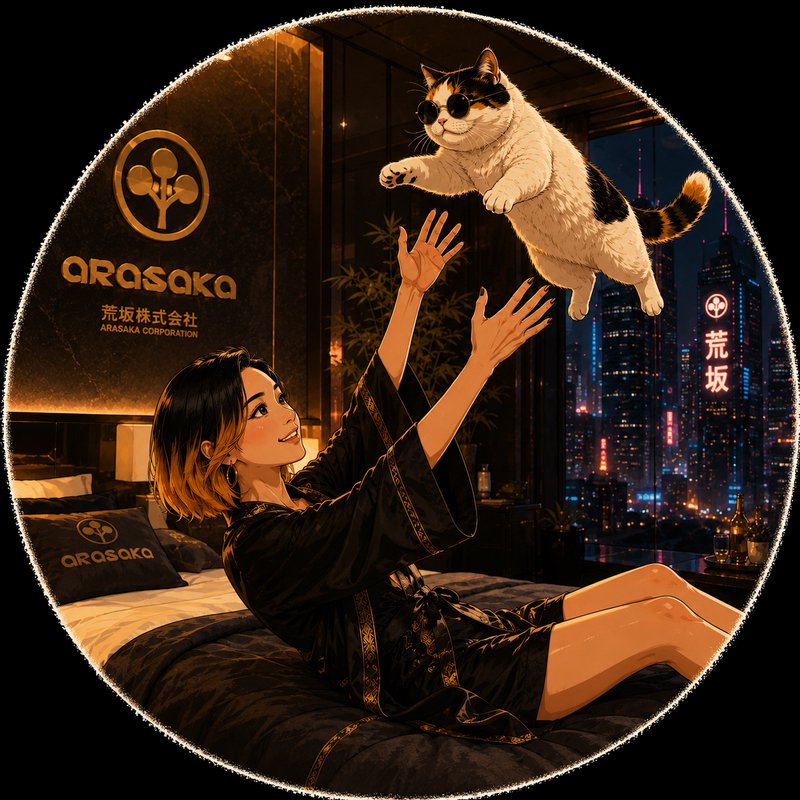 Smiling anime woman reaches to catch a floating sunglasses-wearing calico cat in a luxury Arasaka...