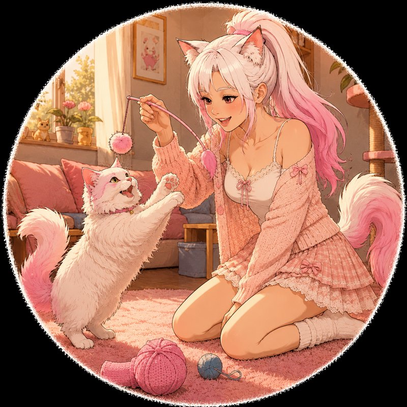 Pastel anime nekomimi cat girl plays with matching fluffy pink and white cat in a cozy sunlit liv...