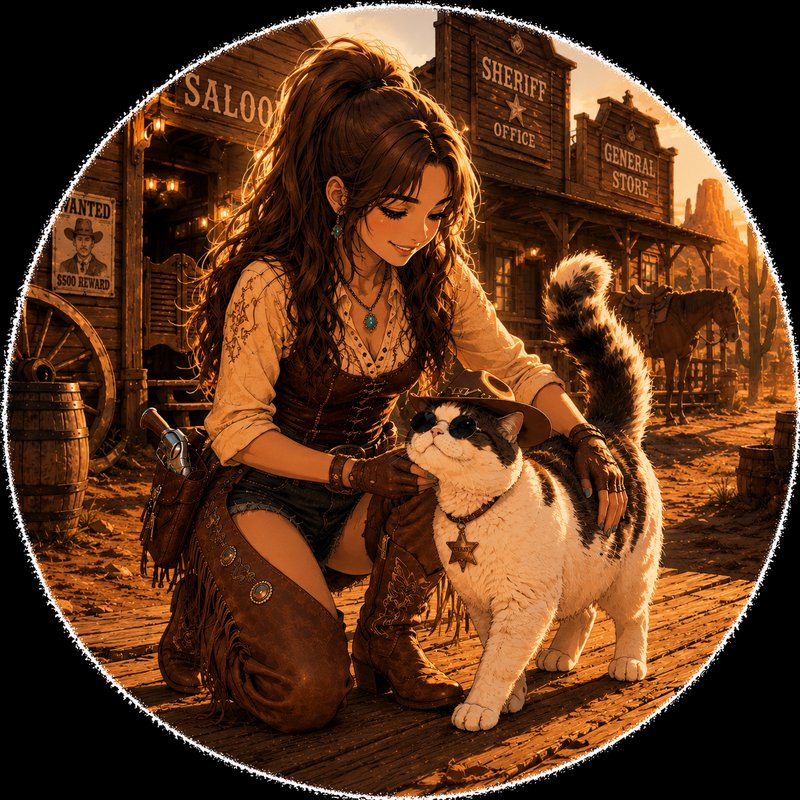 Anime cowgirl kneels to pet a chonky sheriff cat on a wild west town boardwalk at golden hour