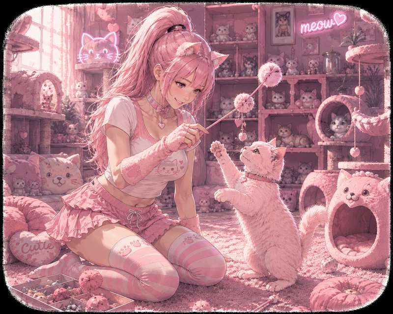 Pink-haired anime neko girl plays with a fluffy pink cat in an all-pink cat-themed kawaii bedroom