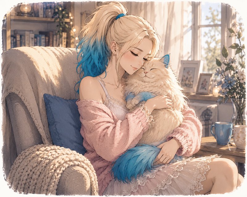 Soft anime illustration of a gradient blonde-blue haired girl cuddling a matching fluffy cat in a...