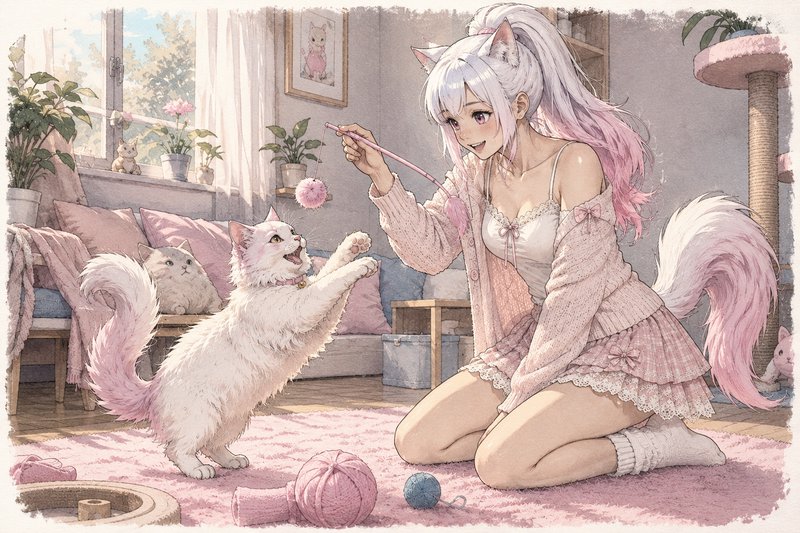 Pastel anime nekomimi girl plays with her matching fluffy pink-white cat in a cozy sunlit living ...
