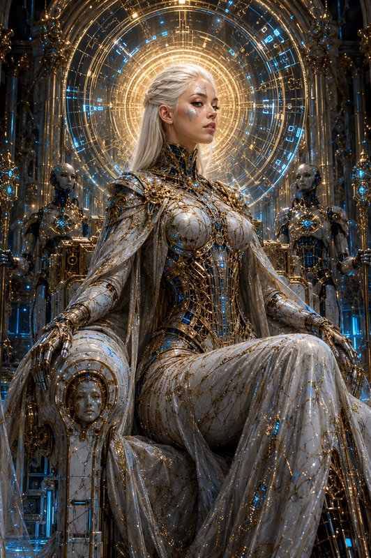 Futuristic cyber empress in ornate gilded robotic armor sits on a throne, flanked by android guar...