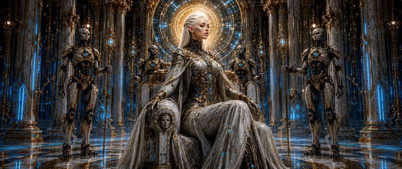 Cybernetic futuristic queen with golden halo sits on ornate throne flanked by robotic guards in g...