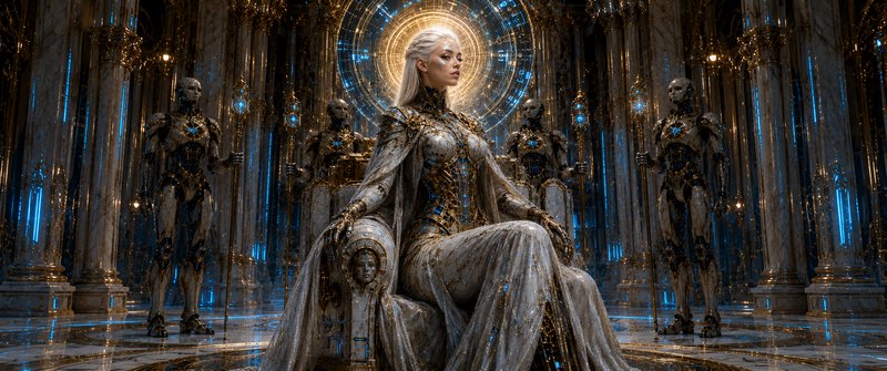 Platinum-haired cybernetic empress sits on an ornate throne, flanked by android guards in a glowi...