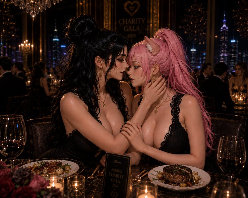 Intimate romantic scene of two women at a luxury charity gala, one with pink hair and cat ears, s...