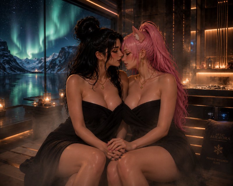 Intimate scene of two women in bath towels sitting in a luxury sauna, northern lights aurora glow...