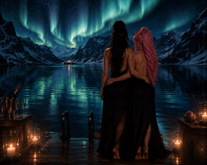 Back view of two embracing women on a candlelit dock, watching aurora borealis over a snowy mount...