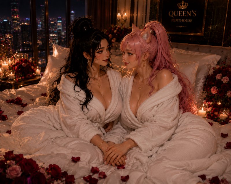 Two women in soft white bathrobes hold hands on a rose-strewn penthouse bed, one with pink cat ea...