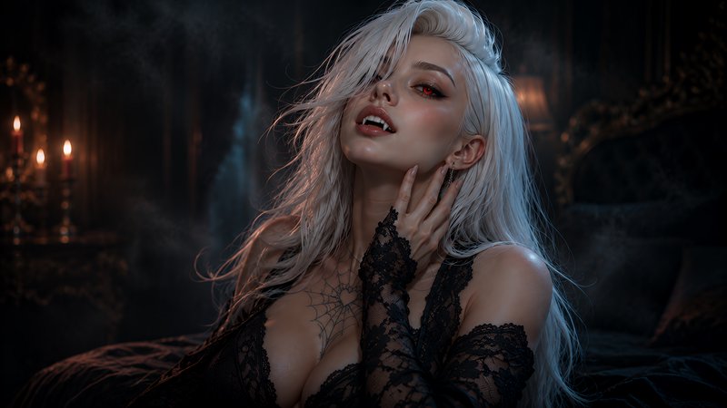 Close-up portrait of platinum blonde female vampire with red eyes, fangs, and black lace in a can...