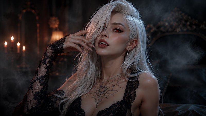 Close up portrait of a platinum blonde female vampire with red eyes and fangs, posed in a dim can...