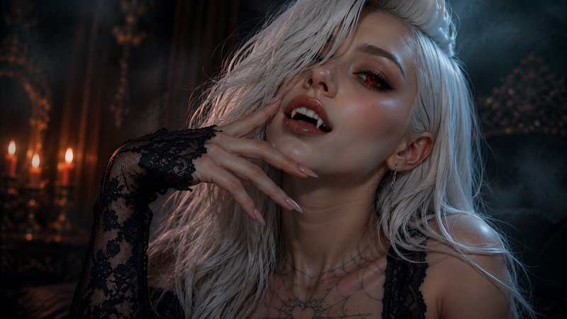 Close up portrait of platinum blonde vampire woman with red eyes, fangs, and black lace sleeve, c...