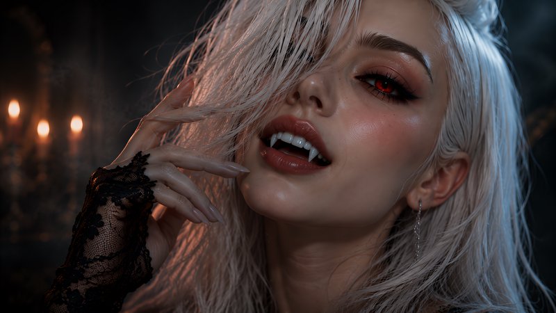 Close-up portrait of a pale female vampire with platinum blonde hair, red eyes, sharp fangs, and ...