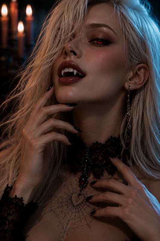 Close-up portrait of a platinum blonde female vampire with fangs, red eyes, gothic lace jewelry, ...