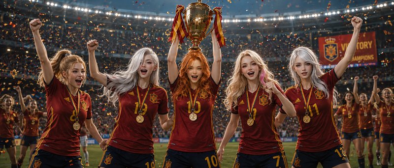 Spain women's national football team celebrates championship win, lifting a golden trophy as conf...